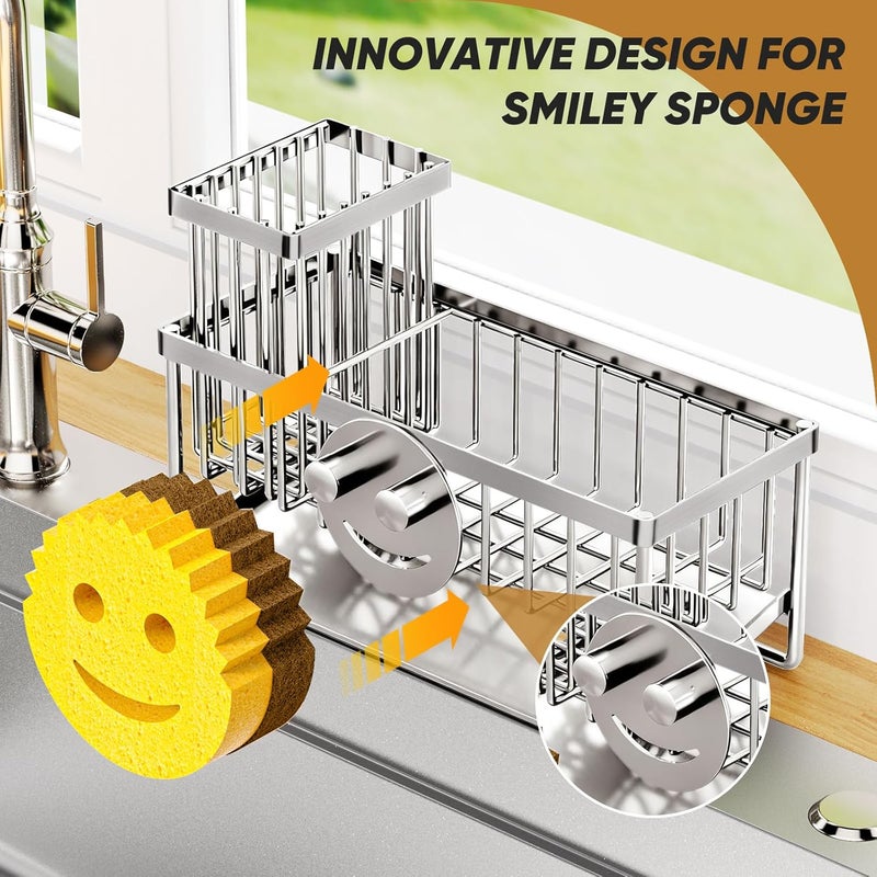 Taugast Sponge Holder for Kitchen Sink,Smiley Face Sink Caddy with Removable Brush Holder,Self-Draining Sponge Caddy for Soap,Dish Brush,Scrubber,Kitchen Essentials and Gadgets-Silver - Image 4